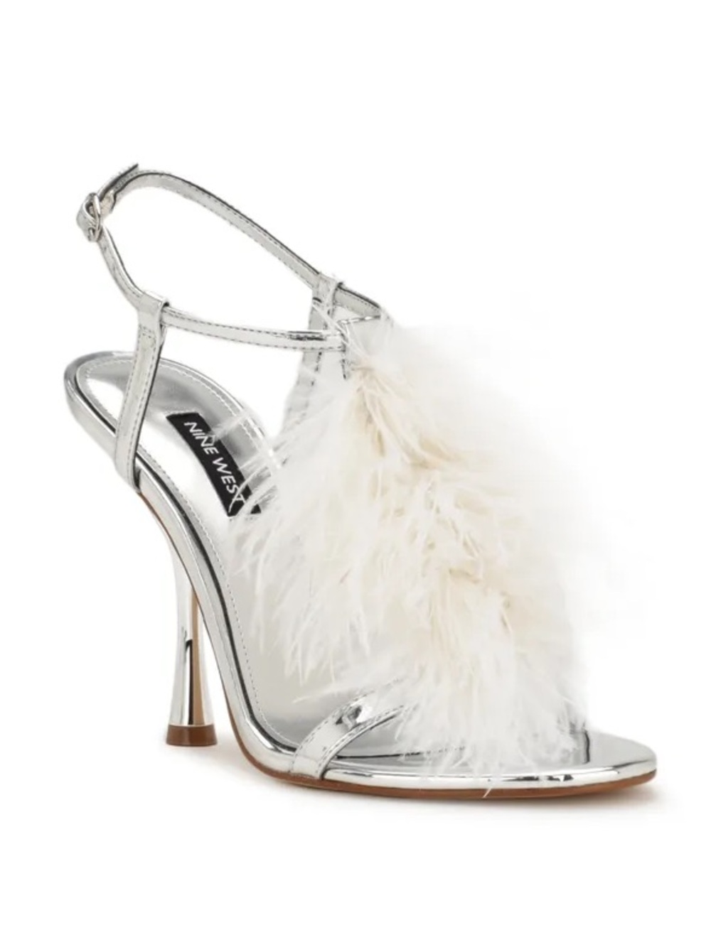 Nine West Shiny Silver & White Feather Million 5 Ankle Strap High Heels Size 6